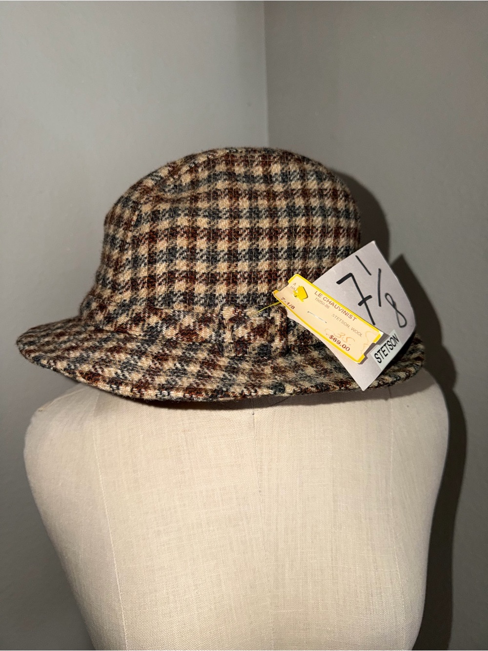 New Vintage Stetson Tweed Plaid Wool Bucket Hat in Brown and Gray.Sz 7 1/8